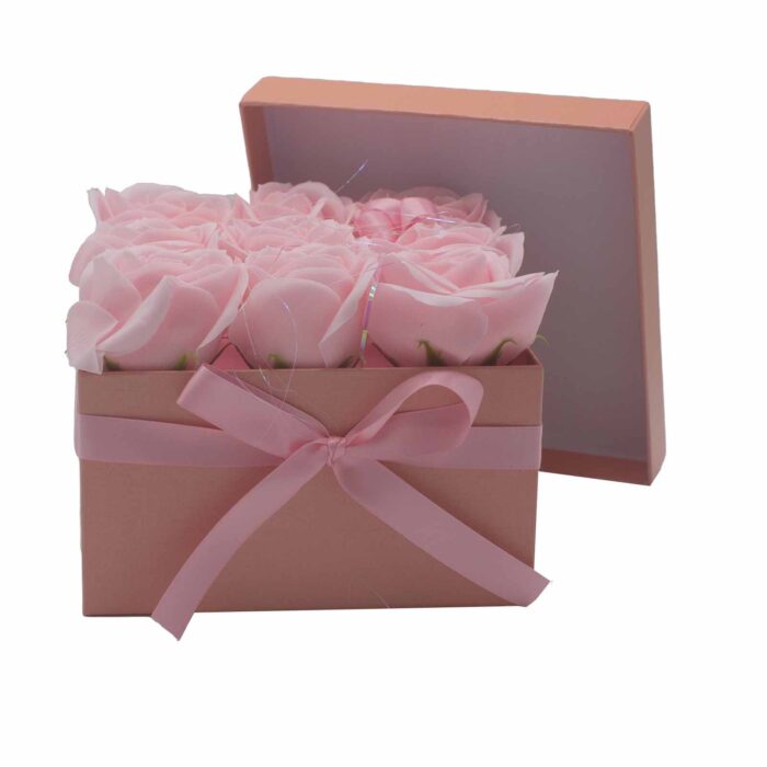 Darčekový Box z Mydlový Kvetov - 9 Ružových Ruží - Štvorec